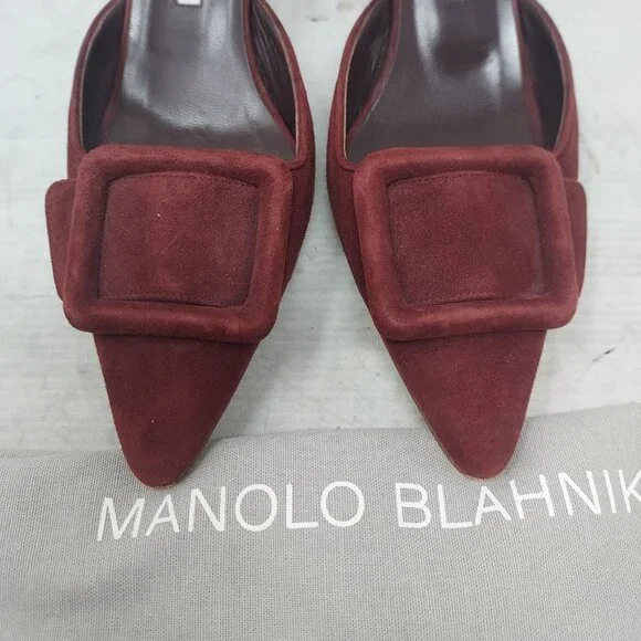 Manolo Blahnik Burgundy Suede Maysale Mules - Picture 9 of 11